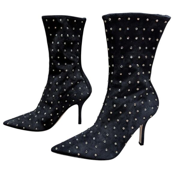 Paris Texas Crystal Embellished Black Suede Ankle Boots 37.5 Glam Stiletto Heels - Picture 5 of 8